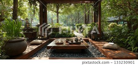 Wellness retreat spa outdoor natural clean setup 133230901