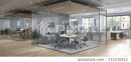 Hybrid meeting modern office clear screen setup Hybrid meeting modern office clear screen setup 133230912