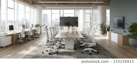 Hybrid meeting modern office clear screen setup 133230913