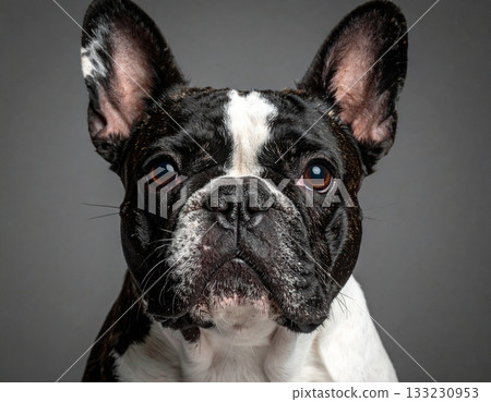 Gorgeous French bulldog, serious and judging, extreme close-up 133230953