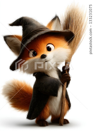 3D cartoon fox holding broomstick witch style isolated on white background 133231075
