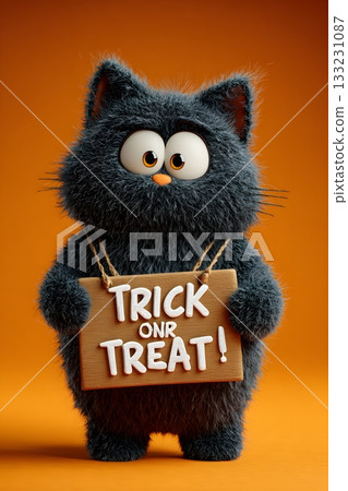 3D cartoon cat holding trick or treat sign isolated on white background 3D cartoon cat holding trick or treat sign isolated on white background 133231087