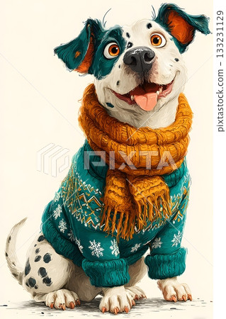 3D cartoon dog with Christmas sweater isolated on white background 3D cartoon dog with Christmas sweater isolated on white background 133231129