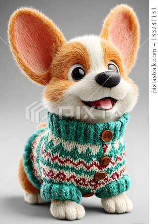 3D cartoon dog with Christmas sweater isolated on white background 133231131