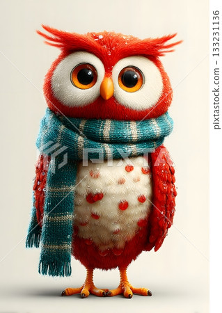 3D cartoon owl with Christmas scarf isolated on white background 3D cartoon owl with Christmas scarf isolated on white background 133231136