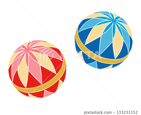 Colorful red and blue temari balls Japanese style illustration material 133231152