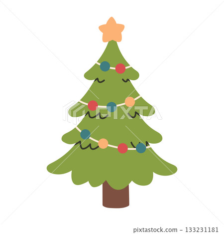 Cute vector illustration of a decorated Christmas tree with colorful ornaments and a star on top. Simple festive holiday design, perfect for greeting cards, stickers, promo and seasonal decorations 133231181