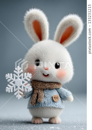 3D cartoon rabbit holding snowflake ornament isolated on white background 133231215