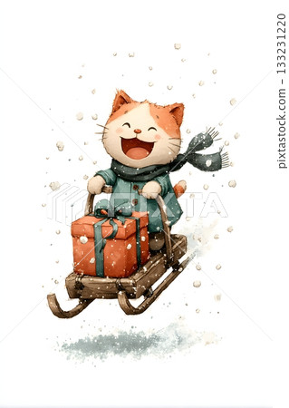 3D cartoon cat riding sleigh with gift box isolated on white background 133231220