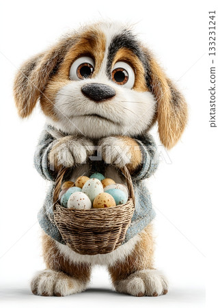 3D cartoon puppy carrying Easter basket isolated on white background 133231241