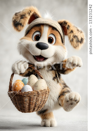 3D cartoon puppy carrying Easter basket isolated on white background 133231242