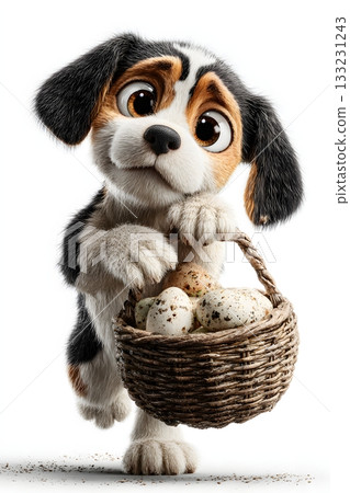3D cartoon puppy carrying Easter basket isolated on white background 3D cartoon puppy carrying Easter basket isolated on white background 133231243