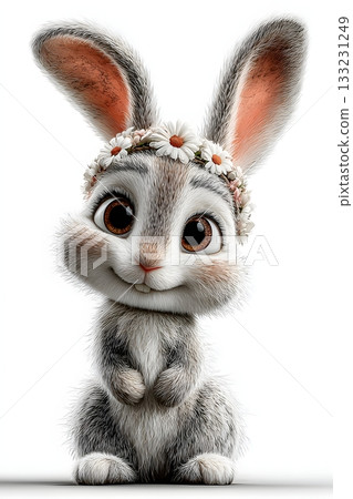 3D cartoon rabbit with bunny ears headband isolated on white background 133231249