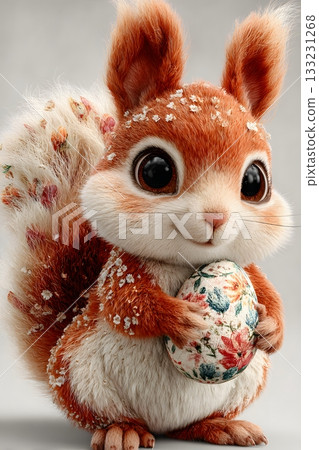 3D cartoon squirrel with decorated egg isolated on white background 3D cartoon squirrel with decorated egg isolated on white background 133231268