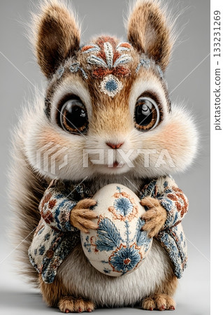3D cartoon squirrel with decorated egg isolated on white background 3D cartoon squirrel with decorated egg isolated on white background 133231269