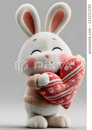 3D cartoon rabbit hugging heart pillow isolated on white background 3D cartoon rabbit hugging heart pillow isolated on white background 133231295
