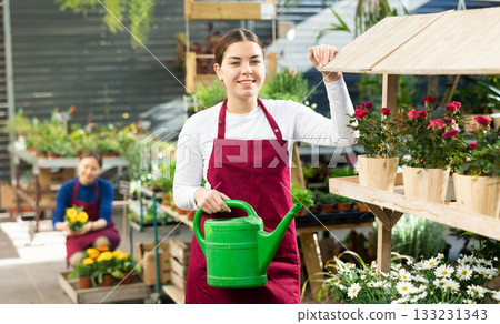 employee of flower greenhouse stands with watering can near shelf with plants 133231343