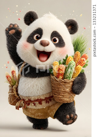 3D cartoon panda with firecrackers isolated on white background 133231371