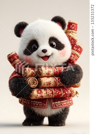 3D cartoon panda with firecrackers isolated on white background 3D cartoon panda with firecrackers isolated on white background 133231372