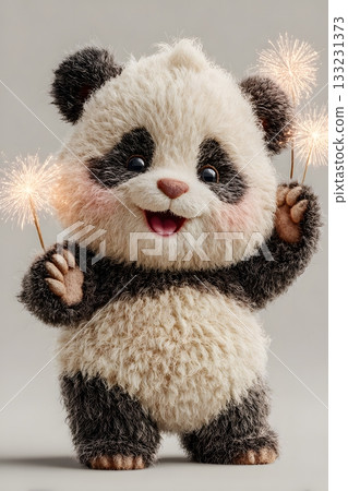 3D cartoon panda with firecrackers isolated on white background 133231373