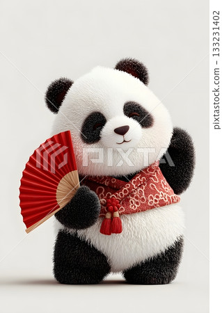 3D cartoon panda with red fan isolated on white background 3D cartoon panda with red fan isolated on white background 133231402
