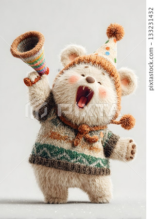 3D cartoon bear blowing party horn isolated on white background 133231432