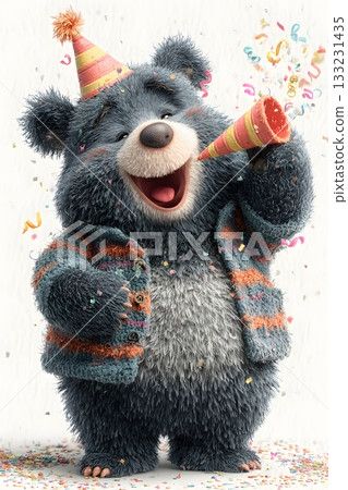 3D cartoon bear blowing party horn isolated on white background 133231435