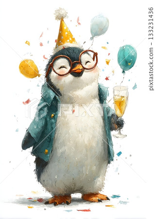 3D cartoon penguin wearing New Year glasses isolated on white background 133231436
