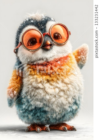 3D cartoon penguin wearing New Year glasses isolated on white background 133231442
