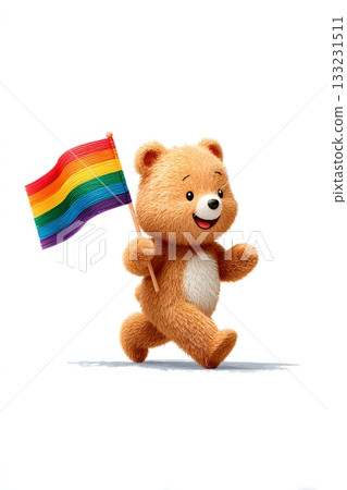 3D cartoon bear with rainbow flag Pride festival isolated on white background 133231511