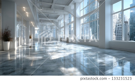 modern empty office interior with large windows natural light minimalist furniture clean background 133231523