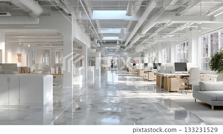 spacious coworking office empty desks bright open space white walls clean interior design spacious coworking office empty desks bright open space white walls clean interior design 133231529