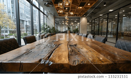 empty meeting room with long wooden table chairs minimalist modern design bright lighting empty meeting room with long wooden table chairs minimalist modern design bright lighting 133231531