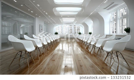 empty meeting room with long wooden table chairs minimalist modern design bright lighting 133231532
