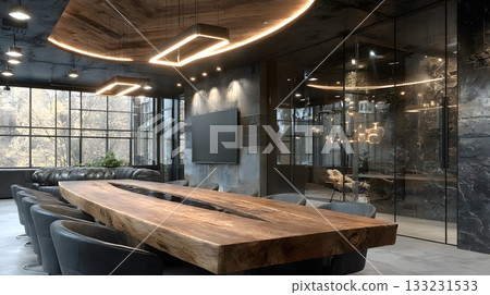 empty meeting room with long wooden table chairs minimalist modern design bright lighting empty meeting room with long wooden table chairs minimalist modern design bright lighting 133231533