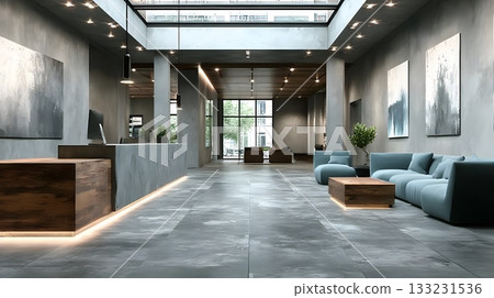 office workspace with blank wall background empty desks minimal decor clean atmosphere office workspace with blank wall background empty desks minimal decor clean atmosphere 133231536