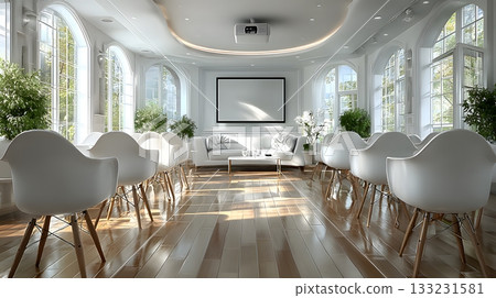 empty training room with projector clean modern layout minimal furniture 133231581
