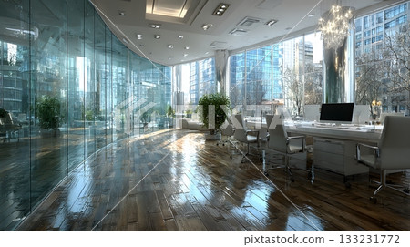empty glass wall office modern desk clean background minimal design empty glass wall office modern desk clean background minimal design 133231772