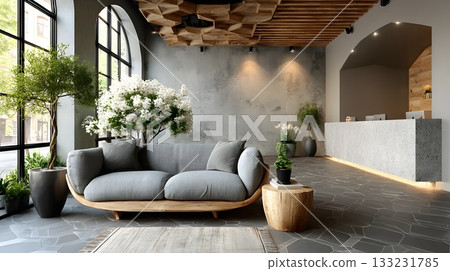 empty reception lobby with sofa modern decor bright natural light empty reception lobby with sofa modern decor bright natural light 133231785