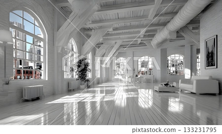 empty creative workspace loft modern industrial interior white background 133231795