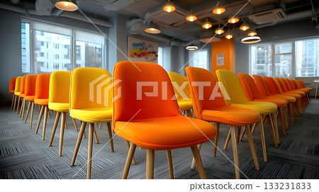 empty office training space rows of chairs bright modern design 133231833
