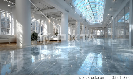 corporate workspace empty floor plan modern layout bright natural light 133231854