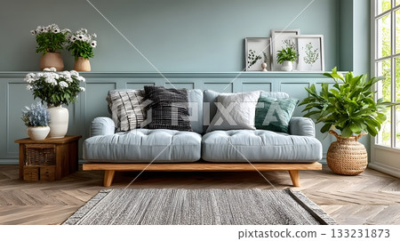 smart home living room empty sofa clean interior bright lighting modern minimal design smart home living room empty sofa clean interior bright lighting modern minimal design 133231873