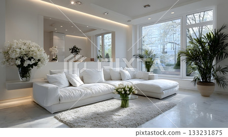 smart home living room empty sofa clean interior bright lighting modern minimal design smart home living room empty sofa clean interior bright lighting modern minimal design 133231875