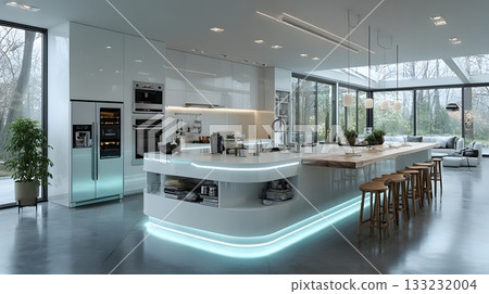 futuristic smart kitchen empty counters high tech appliances minimalist white background futuristic smart kitchen empty counters high tech appliances minimalist white background 133232004