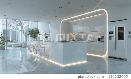 futuristic smart kitchen empty counters high tech appliances minimalist white background futuristic smart kitchen empty counters high tech appliances minimalist white background 133232005