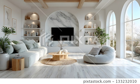 living room with smart TV empty walls modern design large space white background living room with smart TV empty walls modern design large space white background 133232010