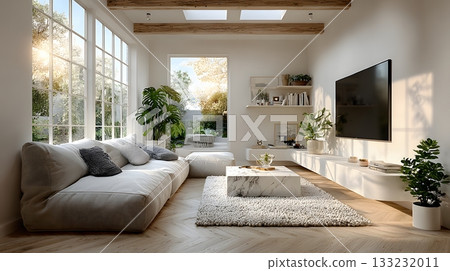 living room with smart TV empty walls modern design large space white background living room with smart TV empty walls modern design large space white background 133232011