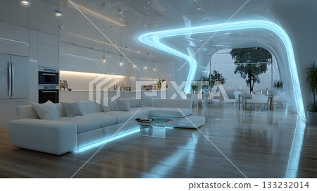 futuristic smart home interior glowing device hub minimal furniture bright space 133232014