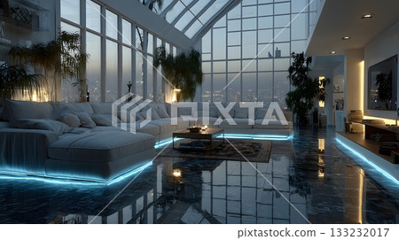futuristic smart home interior glowing device hub minimal furniture bright space 133232017